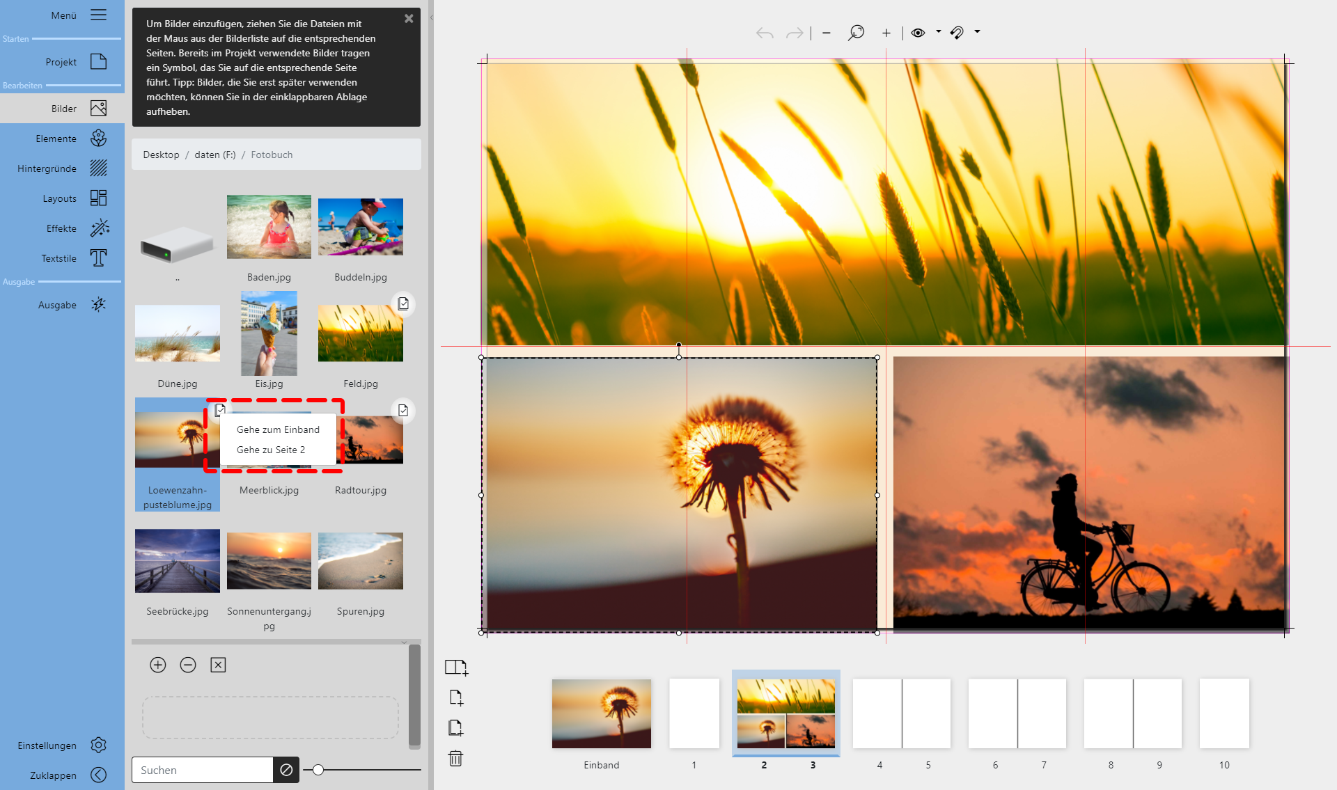 In der Toolbox sind die Bilder markiert, die bereits verwendet wurden.