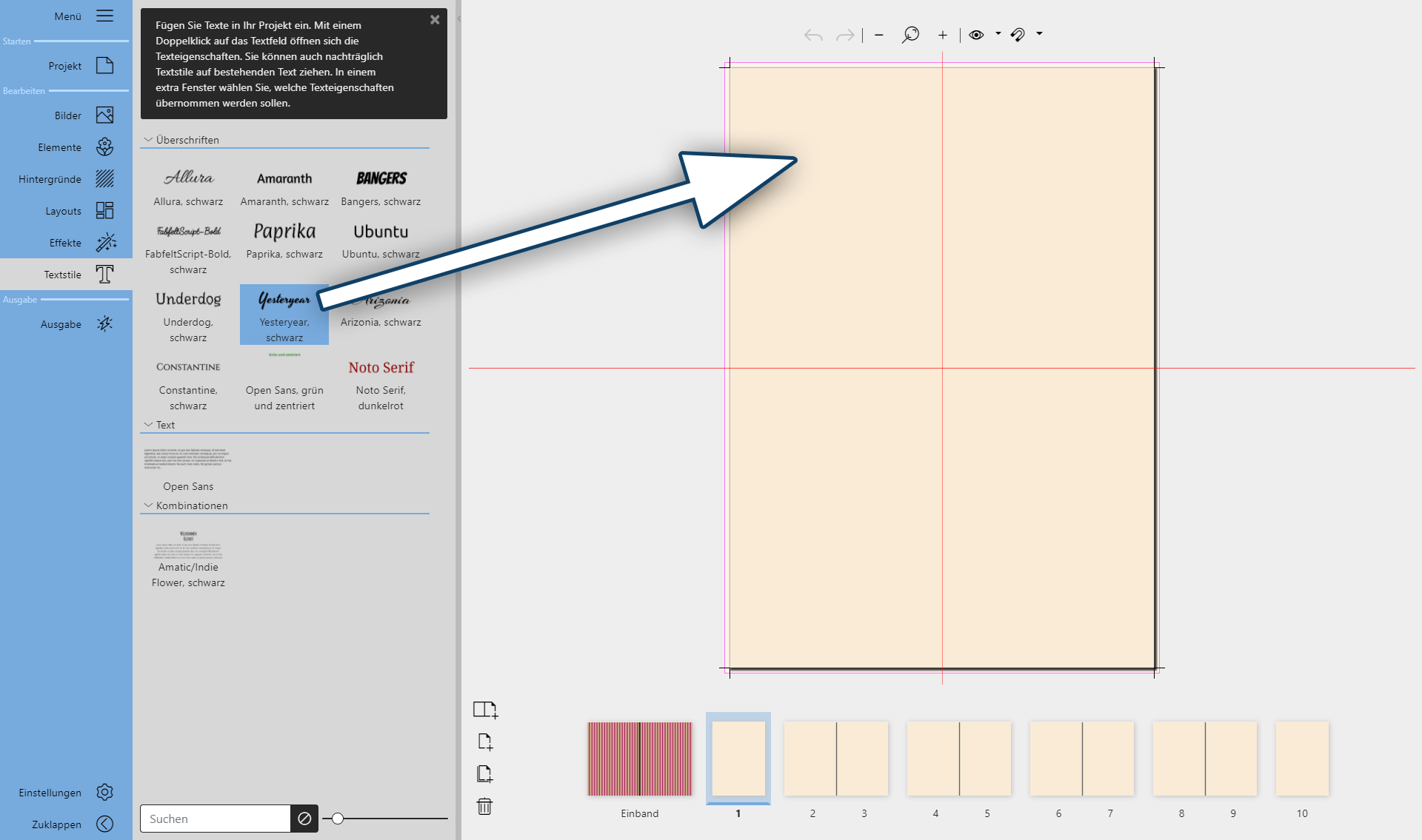 Überschrift aus Toolbox auf Seite im Seiteneditor ziehen